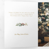 Elegant Goud Vrolijk Kerstfeest Botanisch 3-Foto Drieluik Wenskaart (Binnenzijde eerst)