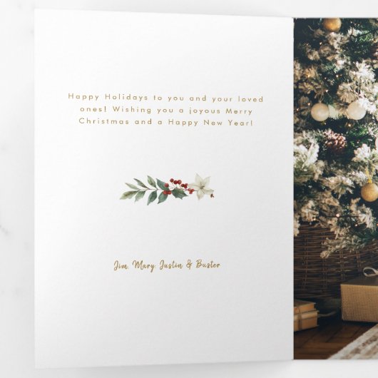 Elegant Goud Vrolijk Kerstfeest Botanisch 3-Foto Drieluik Wenskaart (Binnenzijde eerst)