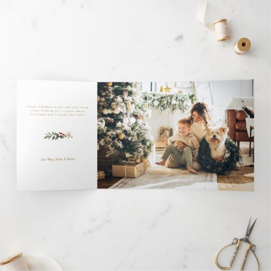Elegant Goud Vrolijk Kerstfeest Botanisch 3-Foto Drieluik Wenskaart (Binnen)