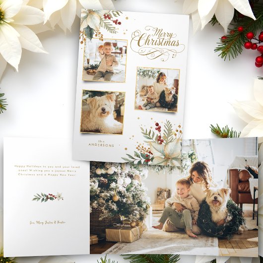 Elegant Goud Vrolijk Kerstfeest Botanisch 3-Foto Drieluik Wenskaart