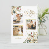 Elegant Goud Vrolijk Kerstfeest Botanisch 3-Foto Feestdagenkaart (Staand voorkant)