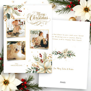 Elegant Goud Vrolijk Kerstfeest Botanisch 3-Foto Feestdagenkaart