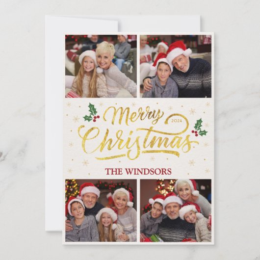Elegant Goud Vrolijk Kerstmis Fotocollage Feestdagenkaart (Voorkant)