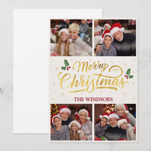 Elegant Goud Vrolijk Kerstmis Fotocollage Feestdagenkaart (Voorkant / Achterkant)