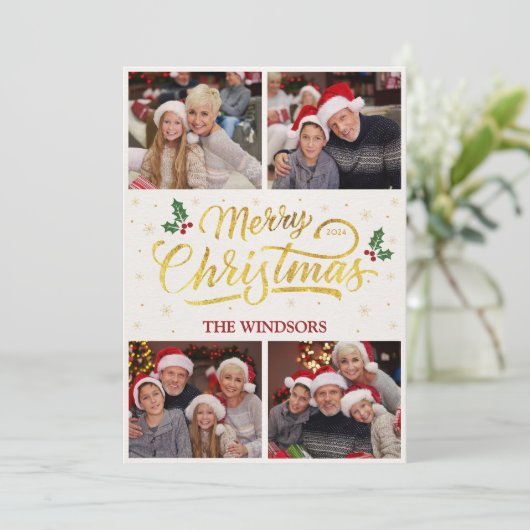 Elegant Goud Vrolijk Kerstmis Fotocollage Feestdagenkaart (Staand voorkant)