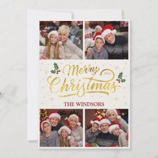 Elegant Goud Vrolijk Kerstmis Fotocollage Feestdagenkaart