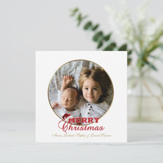 Elegant goud Vrolijk Kerstscript Foto Monogram Feestdagenkaart (Staand voorkant)