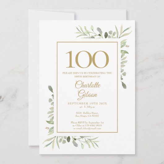 Elegant Goud Waterverf Groen 100e Verjaardag Kaart (Voorkant)