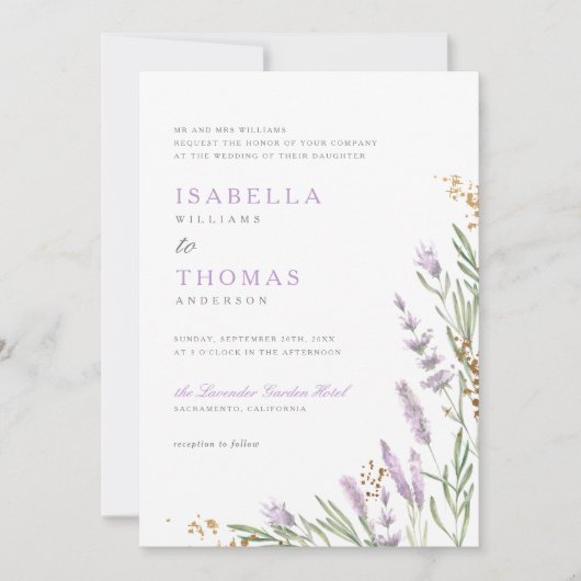 Elegant Goud & Waterverf Lavendel Bloemen Bruiloft Kaart (Voorkant)
