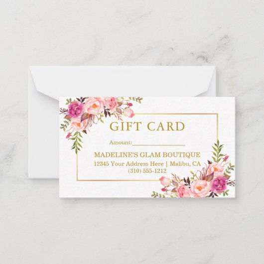 Elegant Goud Waterverf Roze Bloemen Gift Kaart Notitiekaartje (Voorkant)