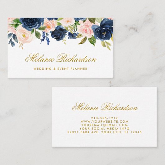 Elegant Goud Waterverf Roze Blush Blauw Bloemen Visitekaartje (Voorkant / Achterkant)