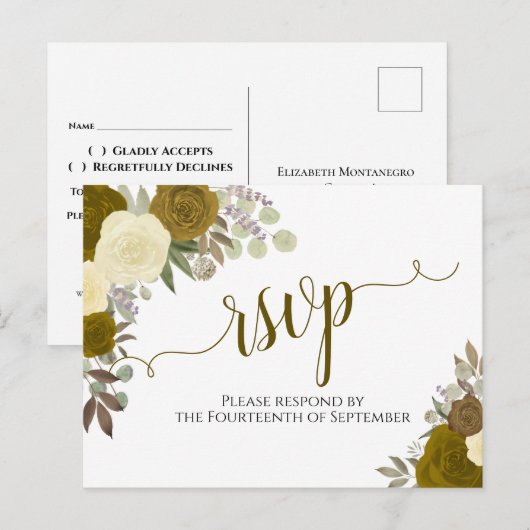 Elegant Goud Waterverf Rozen Bruiloft RSVP Briefkaart (Voorkant / Achterkant)
