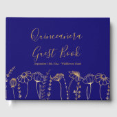 Elegant Goud Wildflower Schets Blauw Quinceanera Gastenboek (Voorkant)