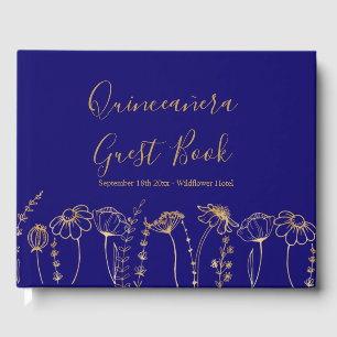 Elegant Goud Wildflower Schets Blauw Quinceanera Gastenboek