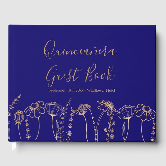 Elegant Goud Wildflower Schets Blauw Quinceanera Gastenboek (Voorkant)