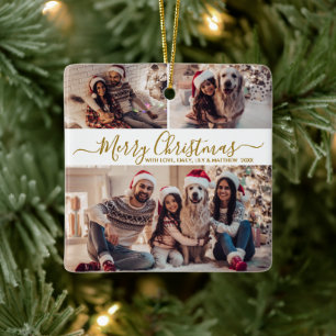 Elegant Goud Wit 3 Foto Collage Kerstmis Keramisch Ornament