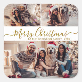 Elegant Goud Wit 3 Foto Collage Kerstmis Vierkante Sticker