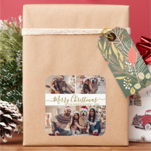 Elegant Goud Wit 3 Foto Collage Kerstmis Vierkante Sticker