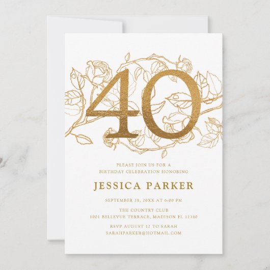 Elegant Goud Wit 40e Verjaardag Kaart (Voorkant)