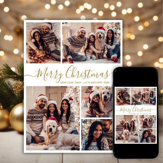 Elegant Goud Wit 5 Fotocollage Kerstmis Feestdagenkaart