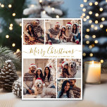 Elegant Goud Wit 5 Fotocollage Kerstmis Feestdagenkaart<br><div class="desc">Modern Eenvoudig Elegant Kalligrafie Goud en Wit 5 Fotocollage Merry Christmas Script Vakantie Kaart. Deze feestelijke, minimalistische, grillige vijf (5) foto vakantie wenskaart sjabloon beschikt over een grid fotocollage en zegt "Vrolijk kerstfeest"! De begroetingstekst "Merry Christmas" is geschreven in een prachtig handgeschreven wervelig swash-tail lettertype script in goud op wit....</div>