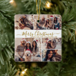 Elegant Goud Wit 5 Fotocollage Kerstmis Keramisch Ornament<br><div class="desc">Elegant Modern Script Goud en Wit 5 Fotocollage Vrolijk Kerstscript Vakantie Keramisch Ornament. Beschikt over minimalistische vijf (5) foto collage sjabloon een grid collage en "Merry Christmas" gezegde! De "Merry Christmas" begroetingstekst is geschreven in een prachtig handgeschreven grillig wervelend swash-tail lettertypescript in goud op een witte achtergrond. Aan de achterzijde...</div>