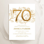 Elegant Goud Wit 70e Verjaardag Kaart<br><div class="desc">Elegant goud wit 70e verjaardag feestuitnodiging.  modern vrouwelijk design met rozen botanische accenten en faux glitter gold. Eenvoudige bloemenuitnodigingskaart perfect voor een stijlvol vrouwen dagfeest. Personaliseer met je eigen gegevens. Gedrukte Zazzle-uitnodigingen of direct download digitale afdrukbare sjabloon.</div>