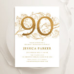 Elegant Goud Wit 90ste Verjaardag Kaart<br><div class="desc">Elegant goud wit 90ste verjaardag feestuitnodiging.  modern vrouwelijk design met rozen botanische accenten en faux glitter gold. Eenvoudige bloemenuitnodigingskaart perfect voor een stijlvol vrouwen dagfeest. Personaliseer met je eigen gegevens. Gedrukte Zazzle-uitnodigingen of direct download digitale afdrukbare sjabloon.</div>