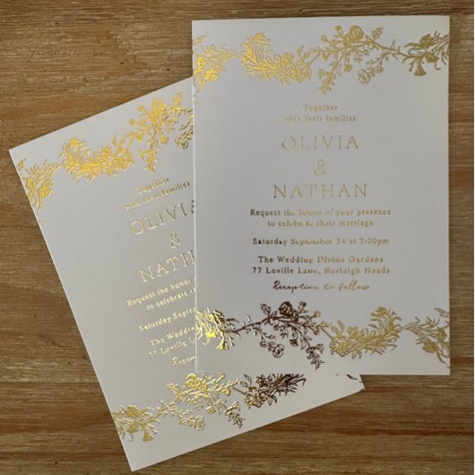 Elegant Goud & Wit Bloemen Bruiloft Folie Uitnodiging