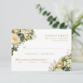 Elegant  Goud & Wit Bloemen Bruiloft RSVP Kaartje (Staand voorkant)