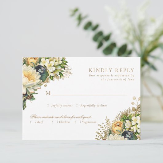 Elegant Goud & Wit Bloemen Bruiloft RSVP Kaartje (Staand voorkant)