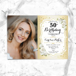 Elegant Goud Wit Bloemen Foto 50e Verjaardag Kaart<br><div class="desc">Elegante bloemenvrouwelijke 50e verjaardagsuitnodiging met uw foto. Glam ontwerp met faux goud. Beschikt over witte rozen,  script lettertype en confetti. Perfect voor een stijlvol volwassen feestje. Personaliseer met je eigen gegevens. Kan voor om het even welke leeftijd worden aangepast! Gedrukte Zazzle-uitnodigingen of direct download digitale afdrukbare sjabloon.</div>