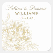 Elegant Goud Wit Bloemen Pioen Bruiloft Monogram Vierkante Sticker (Voorkant)