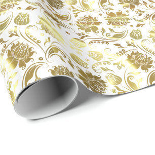 Elegant goud & wit bloemmotief cadeaupapier
