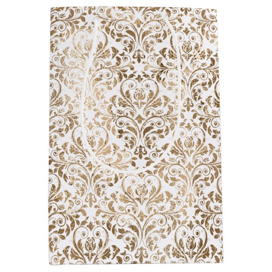 Elegant goud wit chique damast medium cadeauzakje (Voorkant)