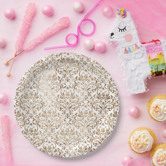 Elegant goud wit chique damast papieren bordje (Feest)