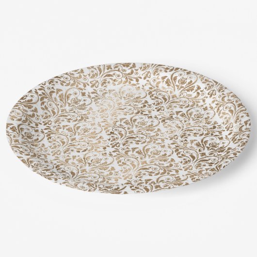 Elegant goud wit chique damast papieren bordje (Gekanteld)