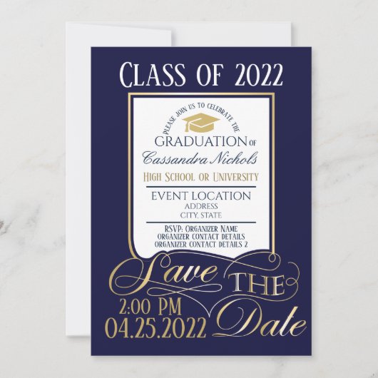 Elegant, Goud, Wit en Blauw Afstuderen ontwerp Kaart (Voorkant)