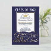 Elegant, Goud, Wit en Blauw Afstuderen ontwerp Kaart (Staand voorkant)