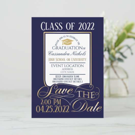 Elegant, Goud, Wit en Blauw Afstuderen ontwerp Kaart (Staand voorkant)