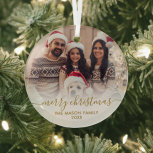 Elegant Goud Wit Familie Foto Vrolijk Kerstfeest Glas Ornament