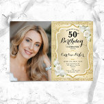 Elegant Goud Wit Foto 50e Verjaardag Kaart<br><div class="desc">Elegante bloemenvrouwelijke 50e verjaardagsuitnodiging met uw foto. Glam ontwerp met faux glitter goud. Met strepen,  witte rozen,  script lettertype en confetti. Perfect voor een stijlvol volwassen feestje. Personaliseer met je eigen gegevens. Kan voor om het even welke leeftijd worden aangepast! Gedrukte Zazzle-uitnodigingen of direct download digitale afdrukbare sjabloon.</div>