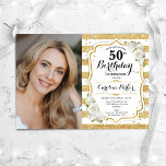 Elegant Goud Wit Foto 50e Verjaardag Kaart<br><div class="desc">Elegante bloemenvrouwelijke 50e verjaardagsuitnodiging met uw foto. Glam wit ontwerp met faux glitter goud. Met strepen,  witte rozen,  script lettertype en confetti. Perfect voor een stijlvol volwassen feestje. Personaliseer met je eigen gegevens. Kan voor om het even welke leeftijd worden aangepast! Gedrukte Zazzle-uitnodigingen of direct download digitale afdrukbare sjabloon.</div>