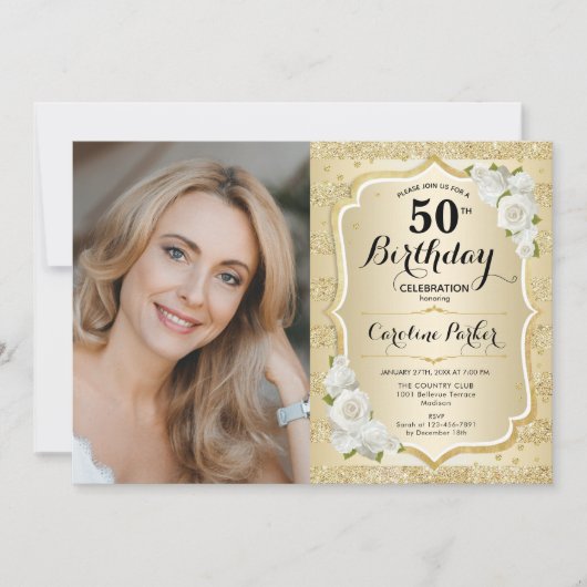 Elegant Goud Wit Foto 50e Verjaardag Kaart (Voorkant)
