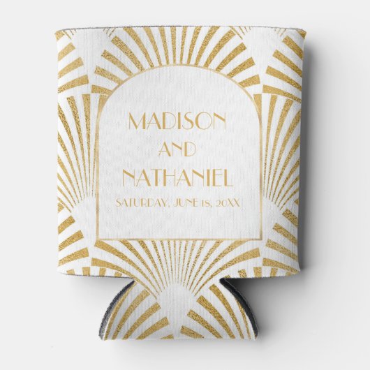 Elegant Goud Wit Geometrische Art Deco Bruiloft Blikjeskoeler (Voorkant)