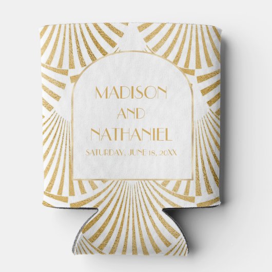 Elegant Goud Wit Geometrische Art Deco Bruiloft Blikjeskoeler (Achterkant)