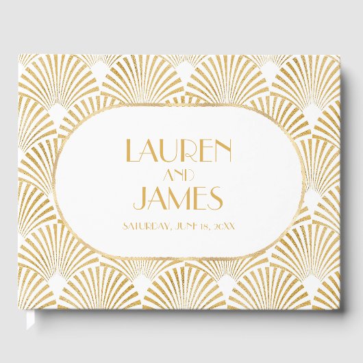 Elegant Goud Wit Geometrische Art Deco Bruiloft Gastenboek (Voorkant)