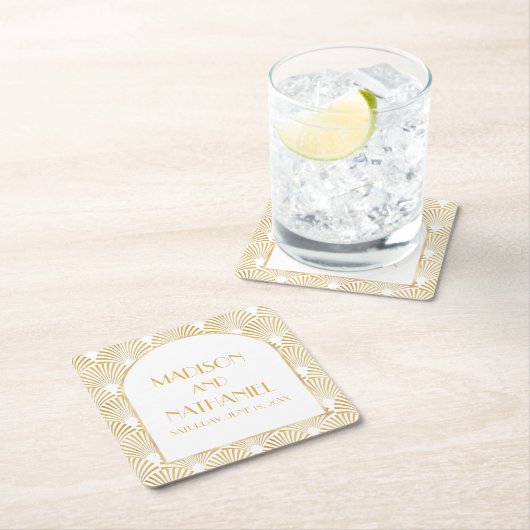 Elegant Goud Wit Geometrische Art Deco Bruiloft Kartonnen Onderzetters (Insitu)