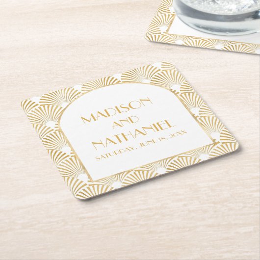 Elegant Goud Wit Geometrische Art Deco Bruiloft Kartonnen Onderzetters (Schuin)