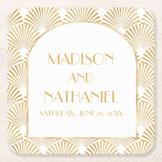 Elegant Goud Wit Geometrische Art Deco Bruiloft Kartonnen Onderzetters (Voorkant)